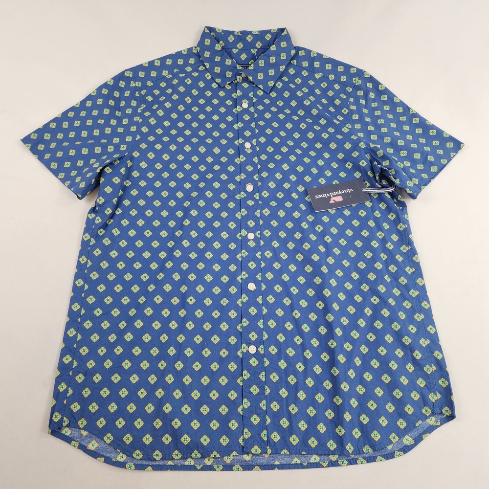 Vineyard Vines Mens Blue Geometric Short Sleeve Button Up Shirt Size M NEW